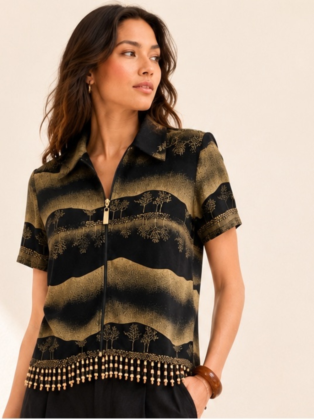Vintage Joseph Ribkoff Scenic Landscape Zip Top Beaded Fringe Statement Size M